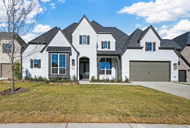 french country style house featuring french doors, a garage, and a front lawn