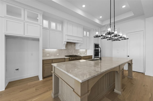 kitchen with light stone counters, a raised ceiling, sink, white cabinetry, and an island with sink