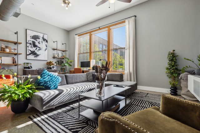 living room featuring ceiling fan