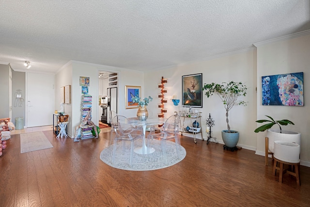 living room with ornamental molding, a textured ceiling, and dark wood-type flooring