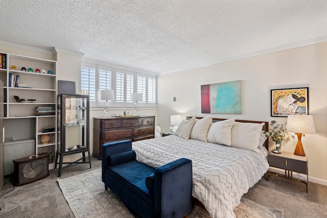 bedroom with carpet, a textured ceiling, and ornamental molding