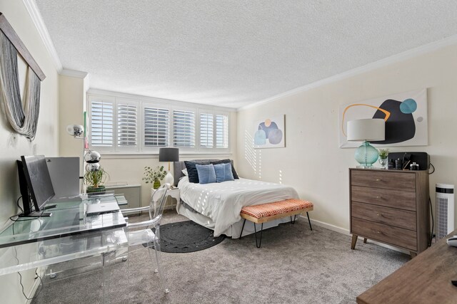 bedroom with a textured ceiling, light colored carpet, and crown molding