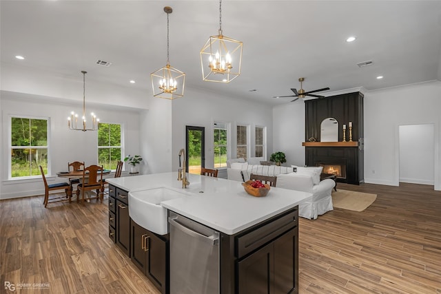 kitchen with dishwasher, a large fireplace, light hardwood / wood-style floors, and a healthy amount of sunlight