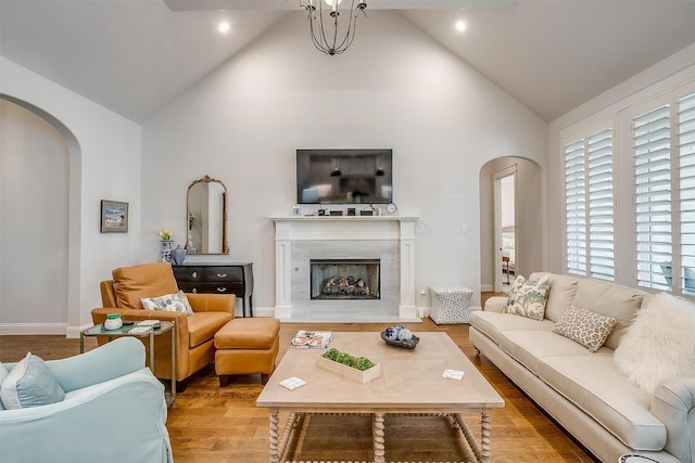 2717 River Path Ct, Burleson, TX 76028 - living area featuring arched walkways, high vaulted ceiling, wood finished floors, a premium fireplace, and healthy amount of natural light