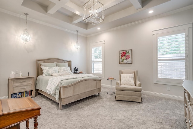 bedroom featuring carpet flooring, a notable chandelier, ornamental molding, and multiple windows