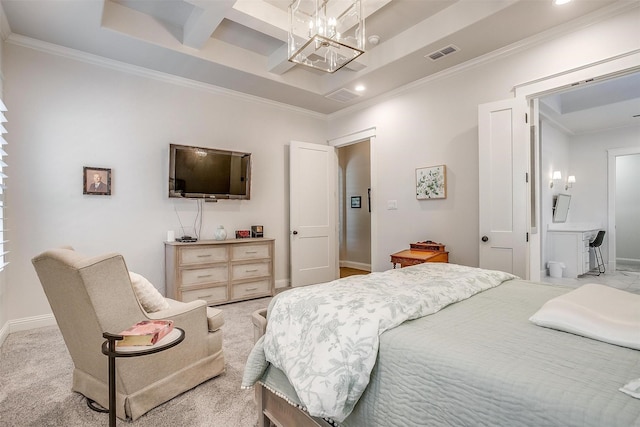 2717 River Path Ct, Burleson, TX 76028 - bedroom with a chandelier, crown molding, recessed lighting, baseboards, and coffered ceiling