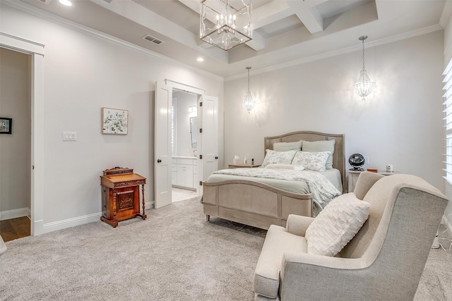 carpeted bedroom featuring ensuite bathroom, coffered ceiling, crown molding, beam ceiling, and a chandelier