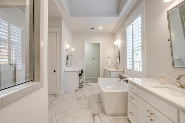 2717 River Path Ct, Burleson, TX 76028 - full bathroom with two vanities, a freestanding bath, marble look tiles, recessed lighting, and baseboards
