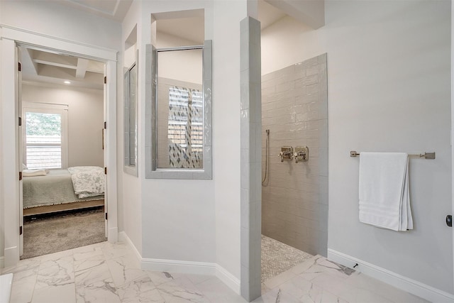 2717 River Path Ct, Burleson, TX 76028 - ensuite bathroom with walk in shower, marble finish flooring, baseboards, and beam ceiling