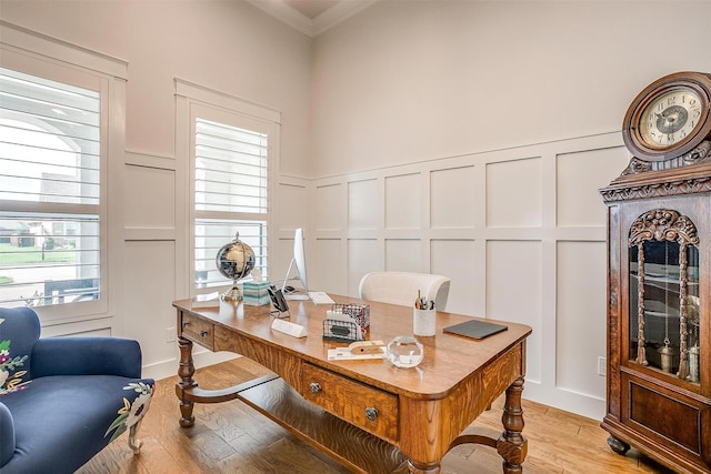 2717 River Path Ct, Burleson, TX 76028 - home office featuring a decorative wall, crown molding, light wood finished floors, plenty of natural light, and wainscoting