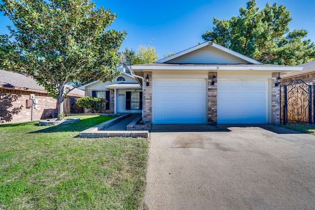 ranch-style house with a front yard and a garage