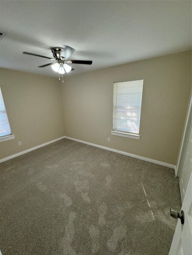 carpeted empty room with ceiling fan and a healthy amount of sunlight