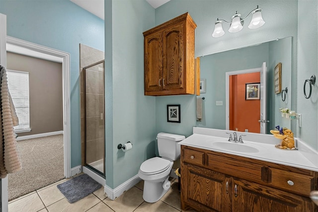 full bathroom with toilet, a shower stall, tile patterned flooring, and vanity