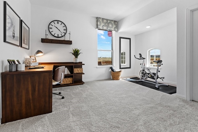 home office with a healthy amount of sunlight and light carpet