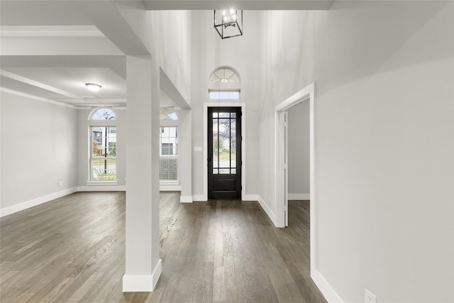 foyer entrance featuring dark wood-type flooring and a chandelier