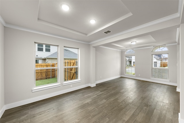 empty room with a raised ceiling, ornamental molding, and dark wood-type flooring