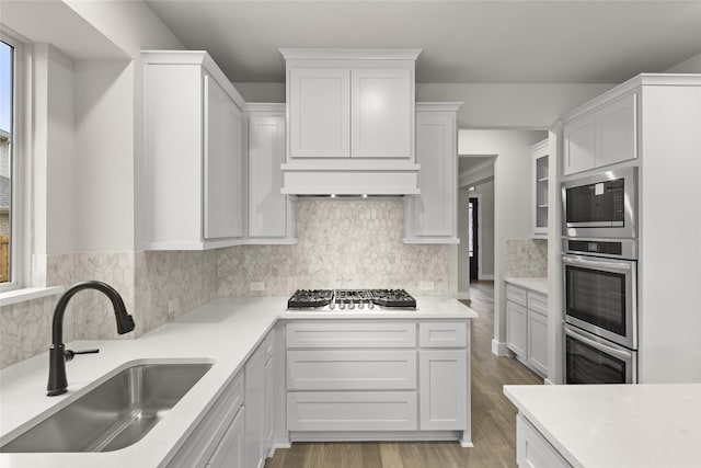 724 Stearman Ln, Fate, TX 75087 - kitchen featuring stainless steel appliances, light wood-type flooring, light countertops, tasteful backsplash, and white cabinetry