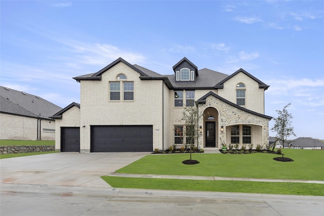 french country inspired facade featuring a front lawn and a garage