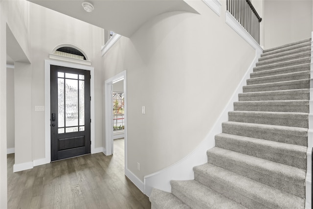 entryway featuring dark wood-type flooring and a high ceiling