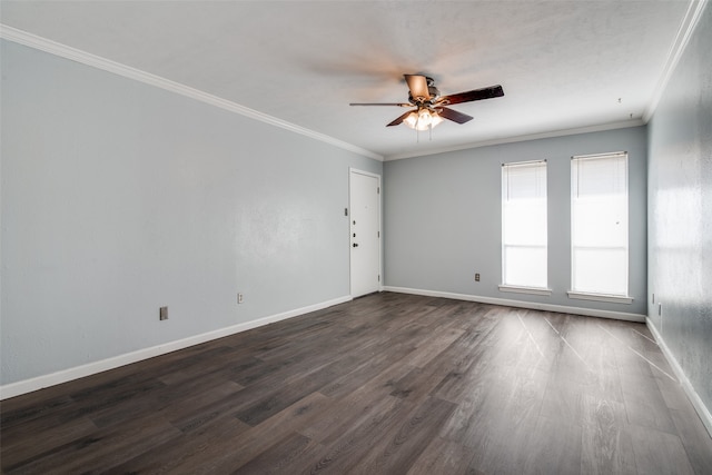 unfurnished room with ceiling fan, ornamental molding, and dark wood-type flooring