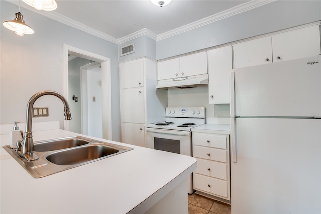 kitchen featuring white appliances, sink, decorative light fixtures, white cabinetry, and light tile patterned flooring