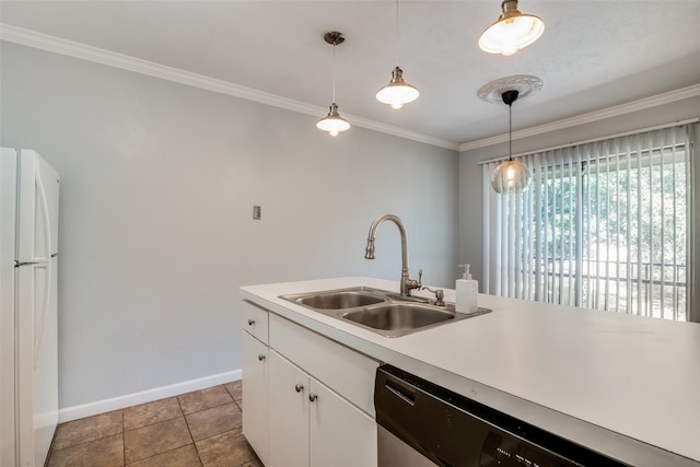 kitchen featuring sink, stainless steel dishwasher, decorative light fixtures, white fridge, and white cabinetry