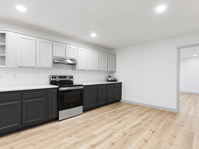 kitchen with backsplash, light hardwood / wood-style floors, white cabinets, and stainless steel range with electric cooktop