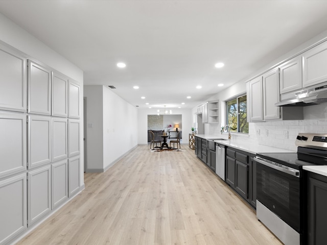 kitchen with backsplash, stainless steel appliances, sink, light hardwood / wood-style flooring, and white cabinets