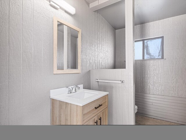 bathroom featuring wooden walls, vanity, and toilet