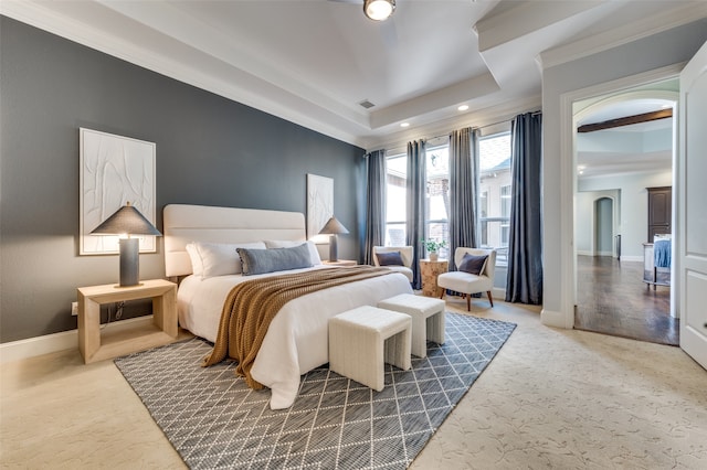 carpeted bedroom with crown molding