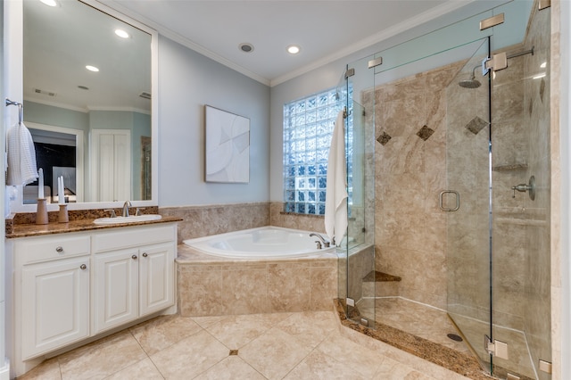 bathroom featuring shower with separate bathtub, vanity, tile patterned floors, and ornamental molding