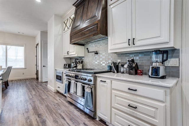 kitchen with stainless steel appliances, light hardwood / wood-style flooring, tasteful backsplash, and custom exhaust hood