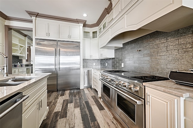 kitchen featuring sink, premium appliances, light stone counters, dark hardwood / wood-style flooring, and crown molding