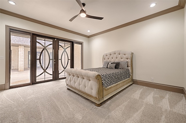 bedroom featuring carpet, access to outside, ceiling fan, and crown molding