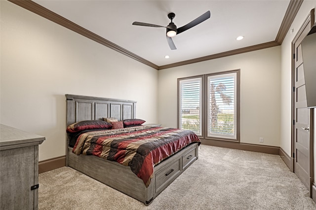 bedroom with ceiling fan, crown molding, and light carpet