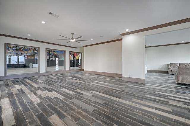 unfurnished living room with ceiling fan, dark hardwood / wood-style flooring, and ornamental molding