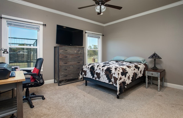 bedroom featuring ceiling fan, light carpet, and ornamental molding