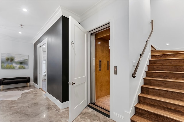 interior space with ornamental molding, recessed lighting, marble finish floor, and baseboards