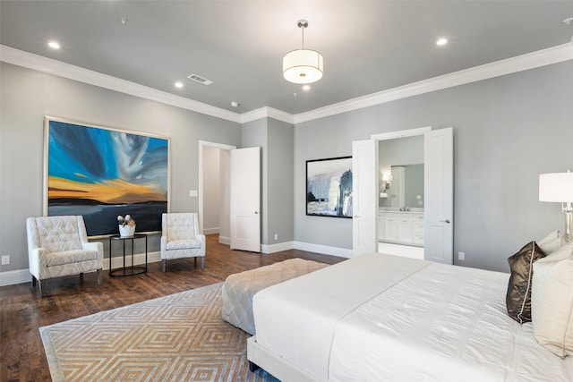 bedroom featuring recessed lighting, visible vents, ornamental molding, wood finished floors, and baseboards