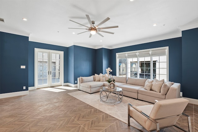 living area featuring ornamental molding, french doors, visible vents, and baseboards