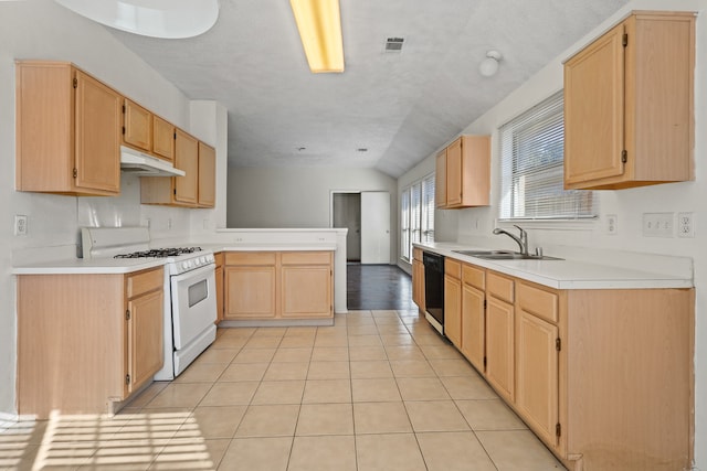 kitchen with dishwasher, light brown cabinets, sink, white gas range, and light tile patterned flooring