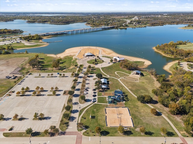 birds eye view of property featuring a water view