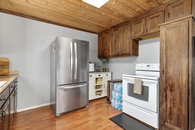 kitchen with white range with electric cooktop, light hardwood / wood-style floors, stainless steel refrigerator, and wood ceiling