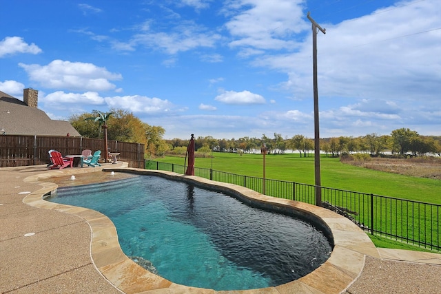 view of pool featuring a patio area and a yard