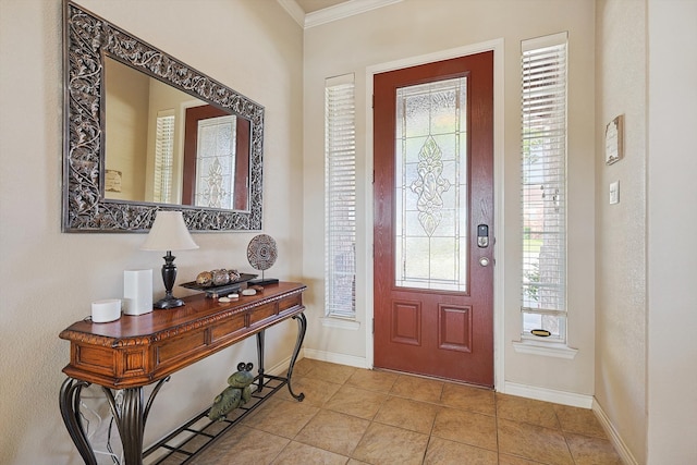 tiled entryway with crown molding