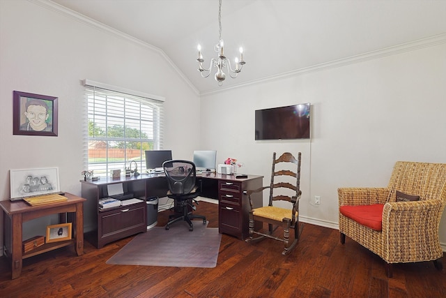 office space with a notable chandelier, lofted ceiling, dark wood-type flooring, and ornamental molding