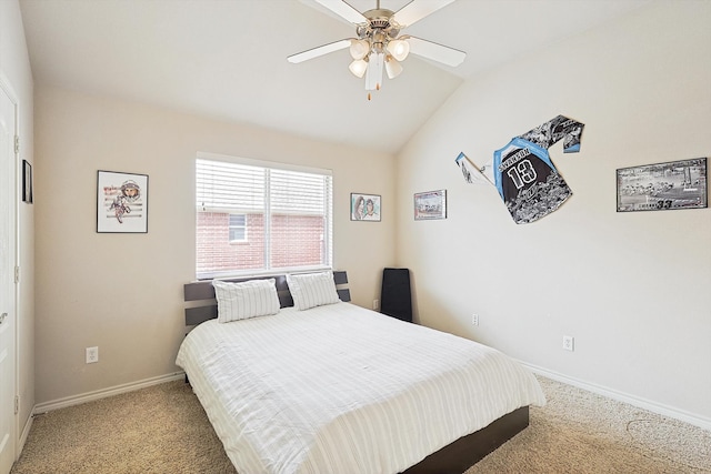 bedroom with carpet, ceiling fan, and lofted ceiling