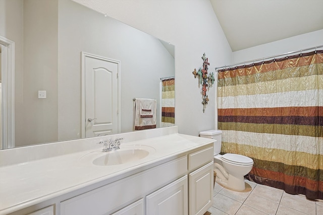 bathroom featuring a shower with shower curtain, vanity, tile patterned flooring, toilet, and lofted ceiling