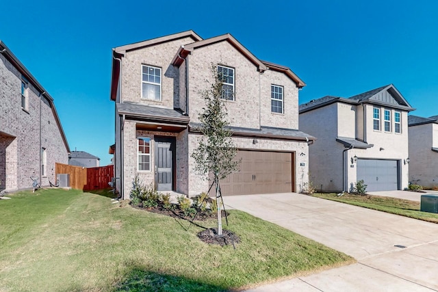 front of property with a front lawn, a garage, and cooling unit