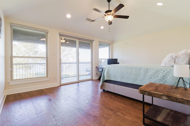 bedroom with baseboards, a ceiling fan, wood finished floors, access to outside, and recessed lighting